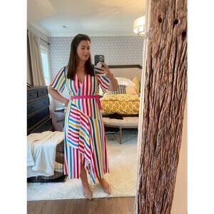 COLOR ME COURTNEY White Multicolor Stripes Taira Front Slit Wrap Dress size XS